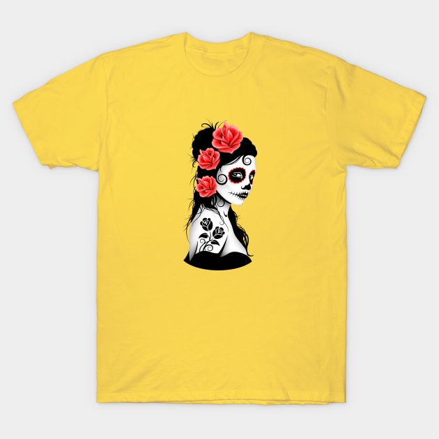 Red Day of the Dead Sugar Skull Girl T-Shirt by jeffbartels